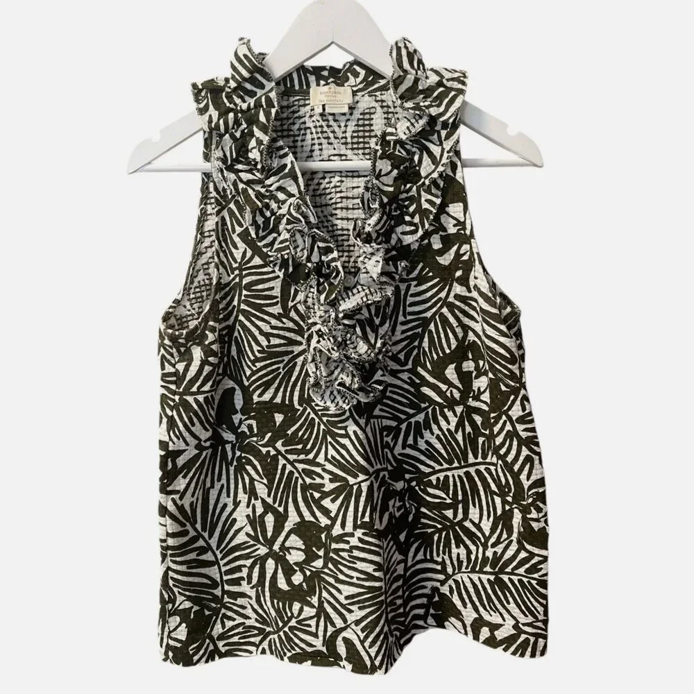 Kate Spade Tropical Print Ruffled Textured Sleeveless Cotton Top Women's size 8